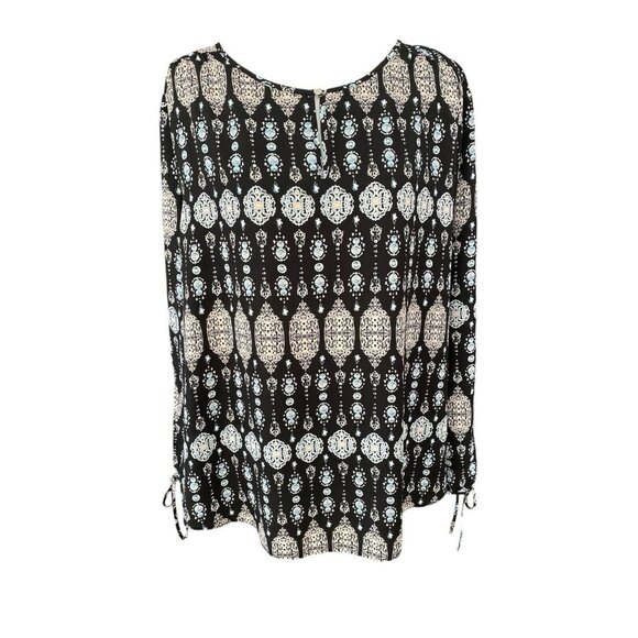 Cato Black/Multicolor Blouse-Keyhole Front-Split Tie Bottom Sleeves-Size 22/24 - Picture 1 of 2